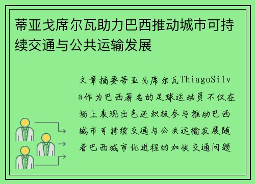 蒂亚戈席尔瓦助力巴西推动城市可持续交通与公共运输发展
