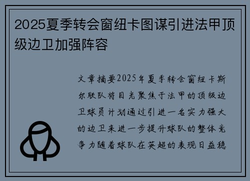 2025夏季转会窗纽卡图谋引进法甲顶级边卫加强阵容