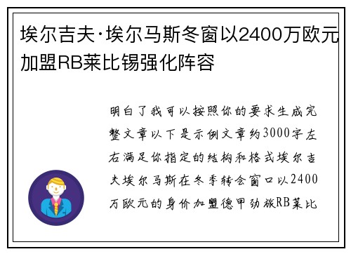 埃尔吉夫·埃尔马斯冬窗以2400万欧元加盟RB莱比锡强化阵容