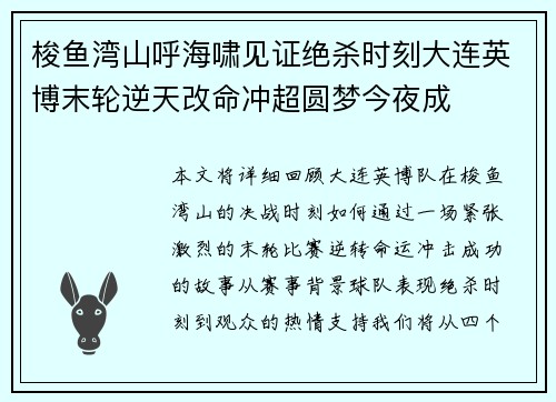 梭鱼湾山呼海啸见证绝杀时刻大连英博末轮逆天改命冲超圆梦今夜成