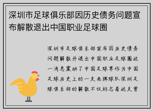 深圳市足球俱乐部因历史债务问题宣布解散退出中国职业足球圈